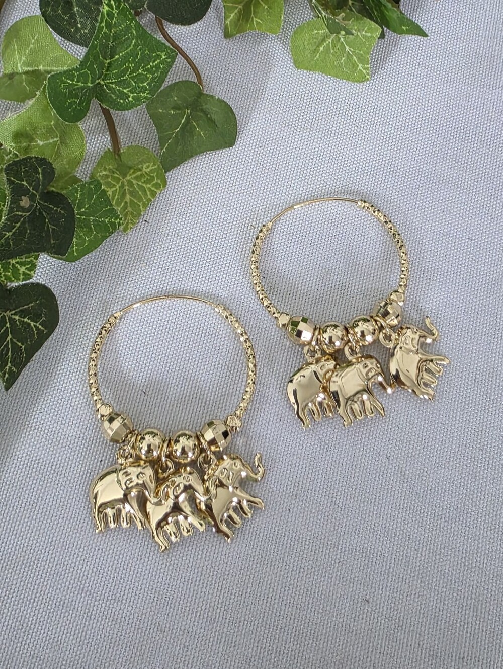 Boho Diamond Cut Gold Filled Hoop Earrings with Dangle Elephant Charms